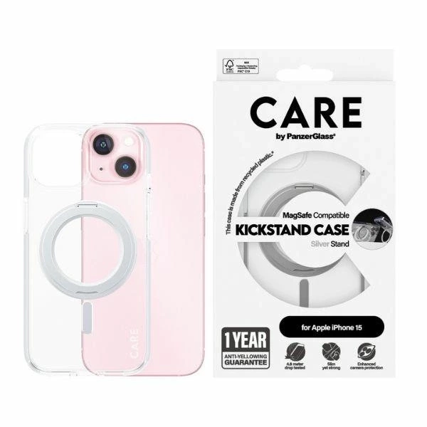 Etui CARE by PanzerGlass Kickstand Case MagSafe na iPhone 15 - srebrne