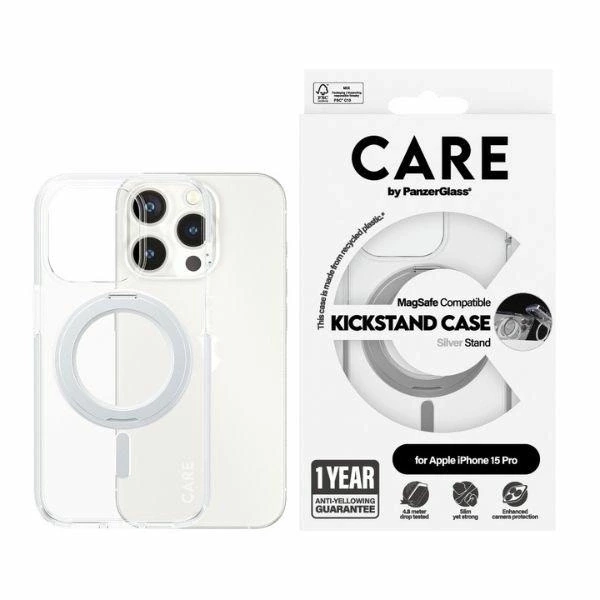 Etui CARE by PanzerGlass Kickstand Case MagSafe na iPhone 15 Pro - srebrne