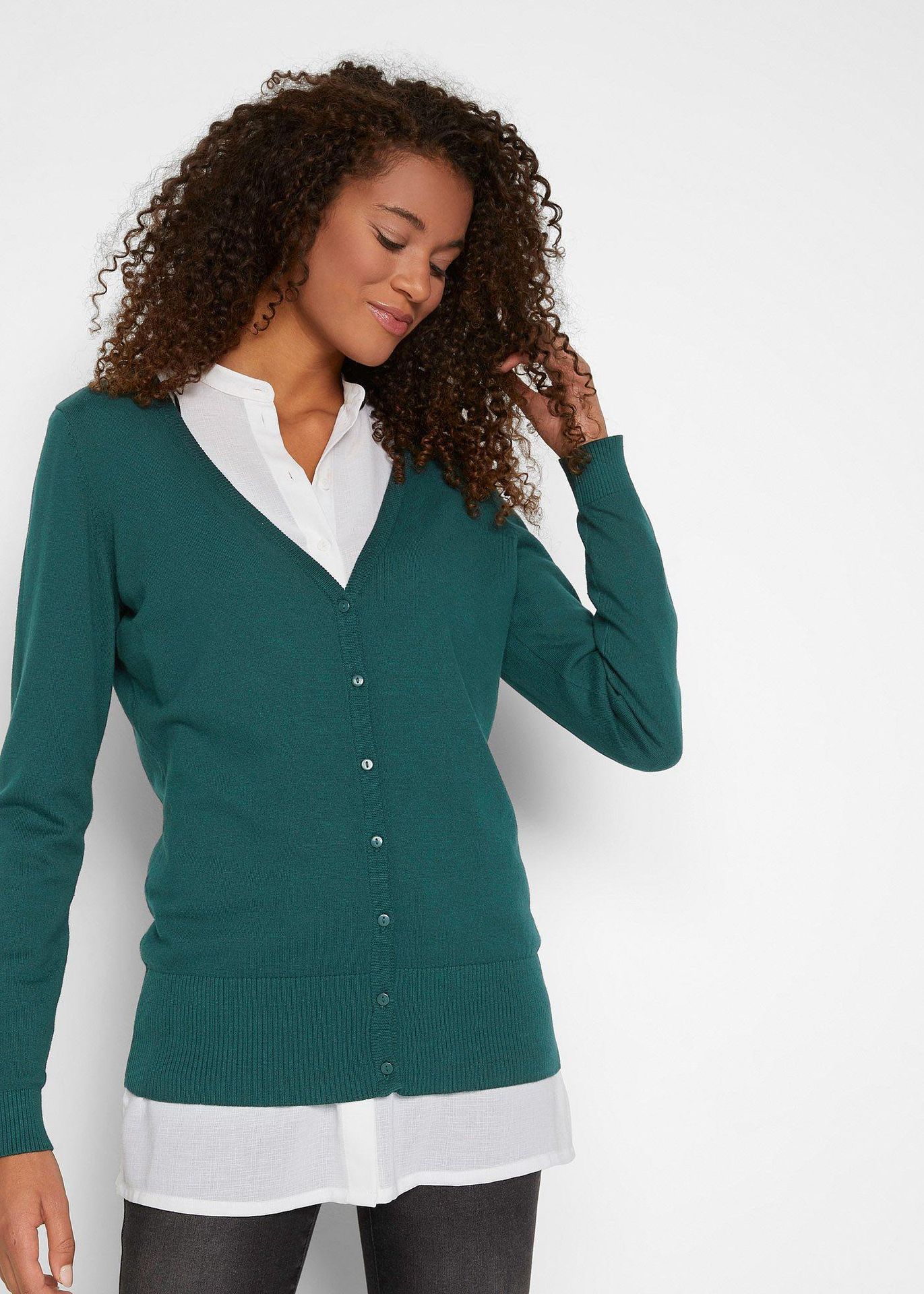 Sweter rozpinany basic z gładkiej dzianiny z plisą guzikową - bonprix