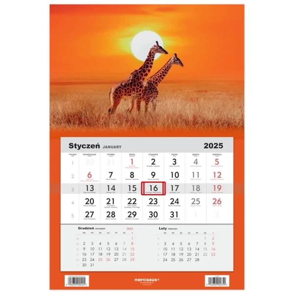 Kalendarz 2025 Jednodzielny Żyrafy - Sztuka Rodzinna