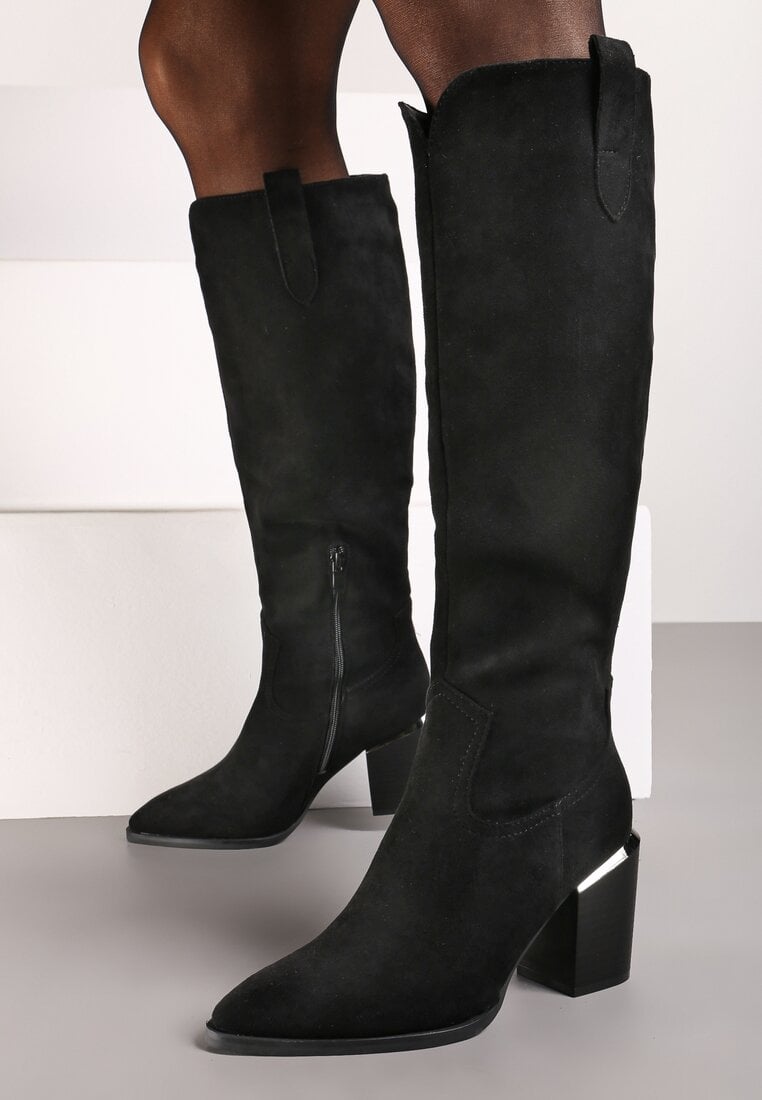 Czarne Kozaki Kowbojki na Słupku Ozdobione Metaliczną Wstawką Moriane