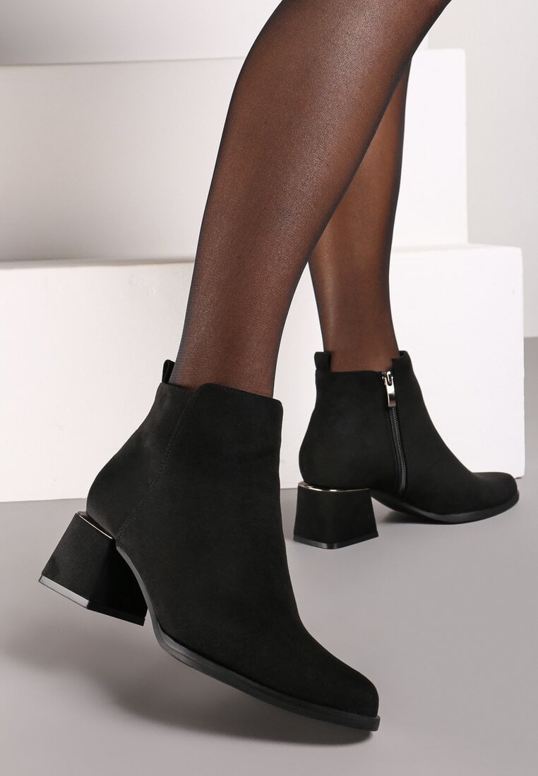 Czarne Botki z Ekozamszu na Niskim Obcasie Zdobionym Metaliczną Wstawką Brievia