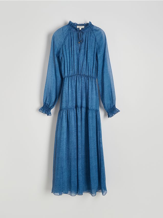 Reserved - Sukienka maxi z dekoracyjnym dekoltem - niebieski