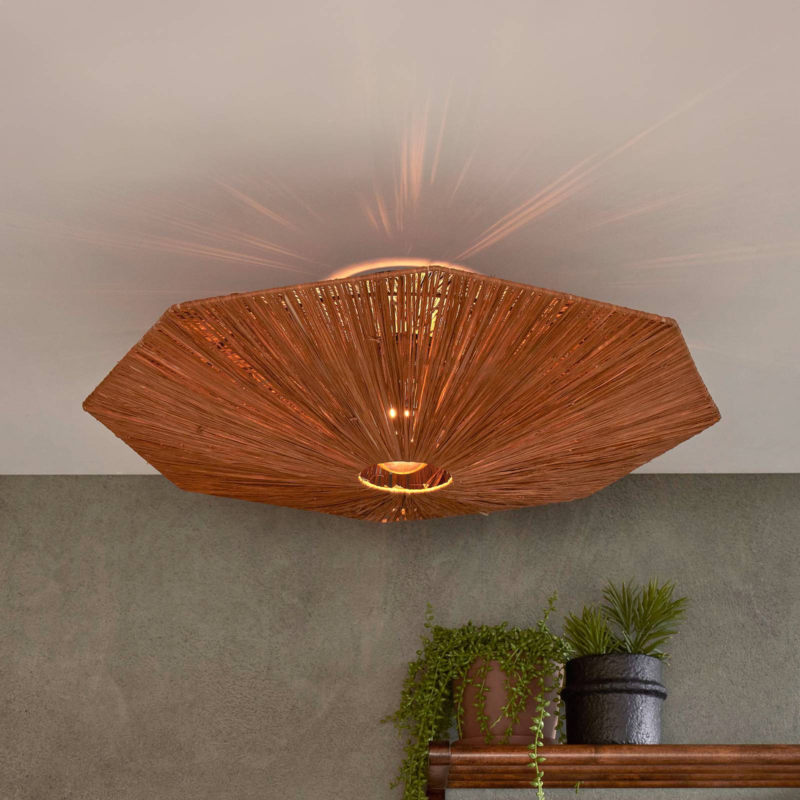 Good & Mojo Lampa sufitowa Good & Mojo Panama, brązowa, Ø 65 cm, rafia