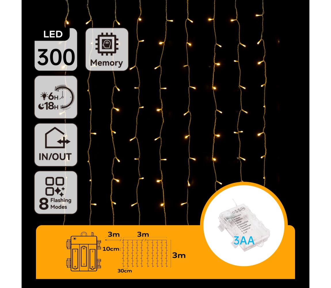 Aigostar - Zewnętrzne lampki świąteczne LED 300 diod/8 trybów 3xAA 6x3m IP44 ciepła biała