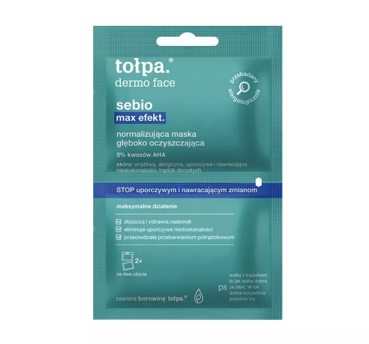 Tołpa dermo face, sebio, maska-peeling-żel 4w1 korygująca niedoskonałości, 2x6ml