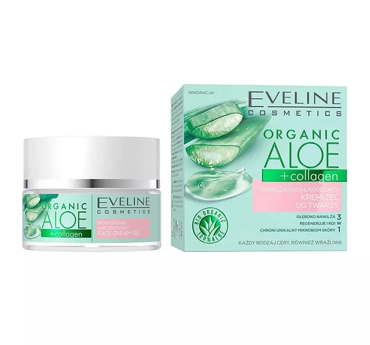 Eveline COSMETICS Organic Aloe + Collagen Nawilżająco-łagodzący krem-żel do twarzy, 50 ml