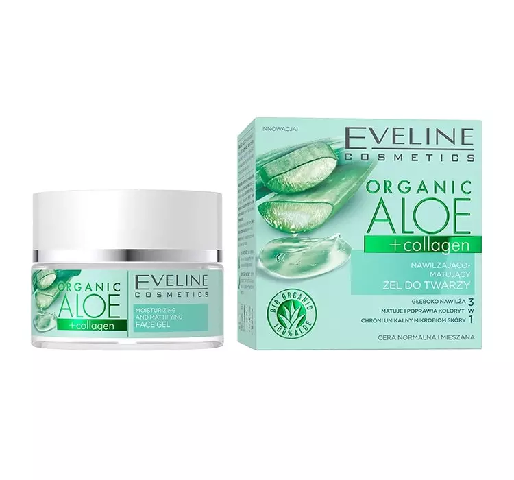 Eveline COSMETICS Organic Aloe + Collagen Nawilżająco-matujący żel do twarzy, 50 ml