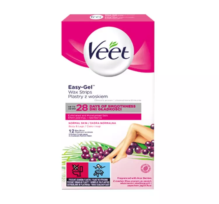 Benckiser Plastry z woskiem Veet z paskiem EasyGrip Skóra Normalna 12 plastrów i 2 chusteczki