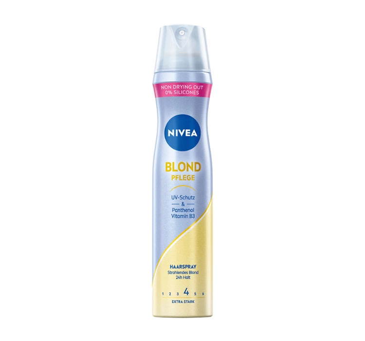 Nivea Blond ochrona włosów spray do włosów ekstra mocny (250 ml), pielęgnujący spray do stylizacji z pantenolem i witaminą B3, lakier do włosów dla blond, utrzymuje się przez 24 h 86890-01000-55