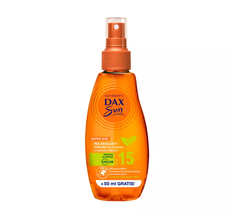 Dax Sun  Relaksujący olejek do opalania z harbatą matcha, spray SPF 15 200ml