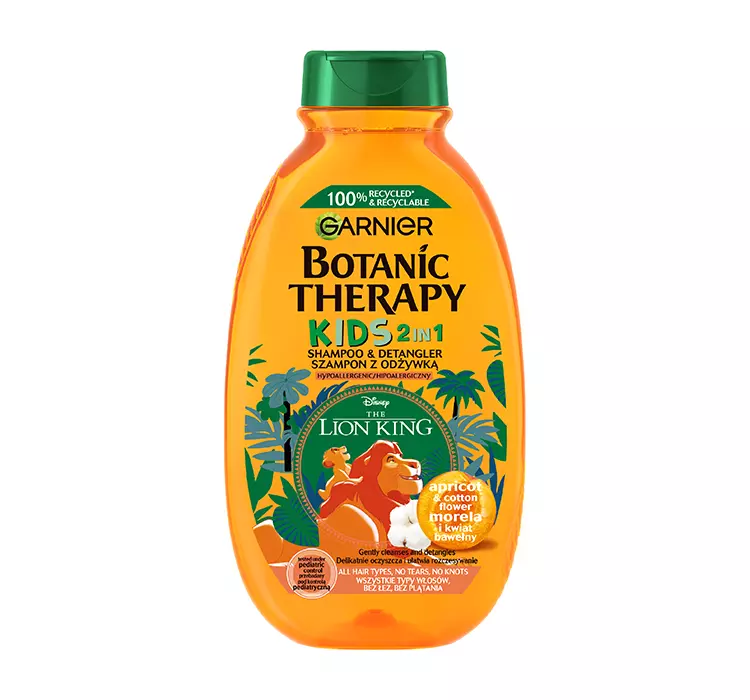 GARNIER - BOTANIC THERAPY - The Lion King Kids 2in1 Shampoo & Detangler - Szampon z odżywką dla dzieci - Morela i Kwiat Bawełny - 250 ml