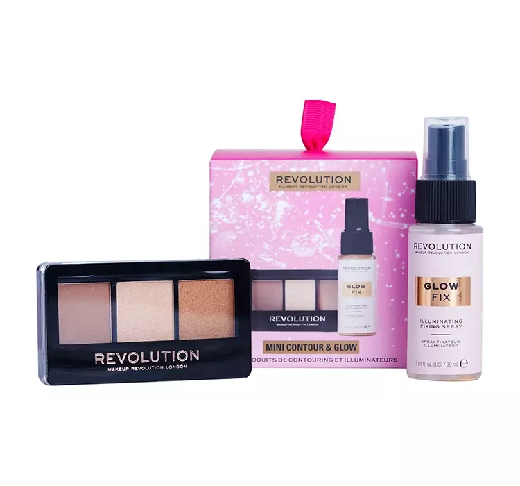 MAKEUP REVOLUTION - Mini Contour & Glow - Gift Set - Zestaw prezentowy do makijażu twarzy - Rozświetlający spray 30 ml + Mini paletka do konturowania twarzy 3 x 1.05 g
