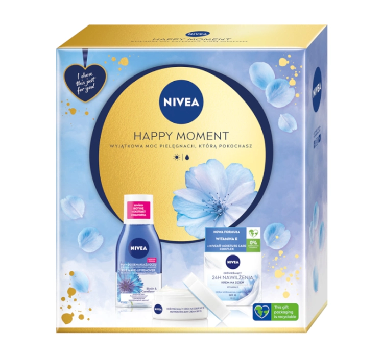 Nivea - HAPPY MOMENT - Zestaw prezentowy do pielęgnacji twarzy - Odświeżający krem na dzień SPF15 50 ml + Dwufazowy płyn do demakijażu oczu 125 ml