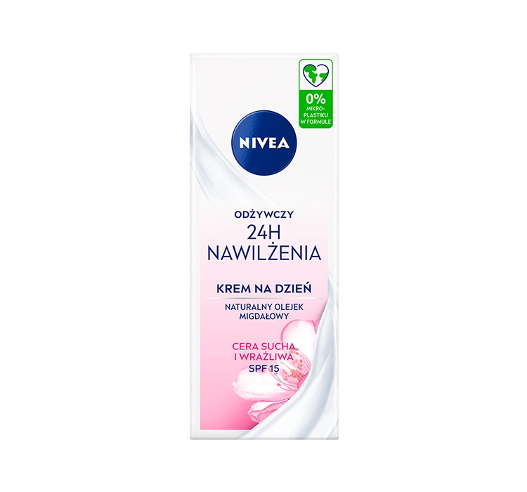 NIVEA Bogata pielęgnacja na dzień, nawilżenie 24 h (50 ml), krem do twarzy do suchej skóry z LSF 15, nawilżający krem na dzień z naturalnym olejkiem migdałowym
