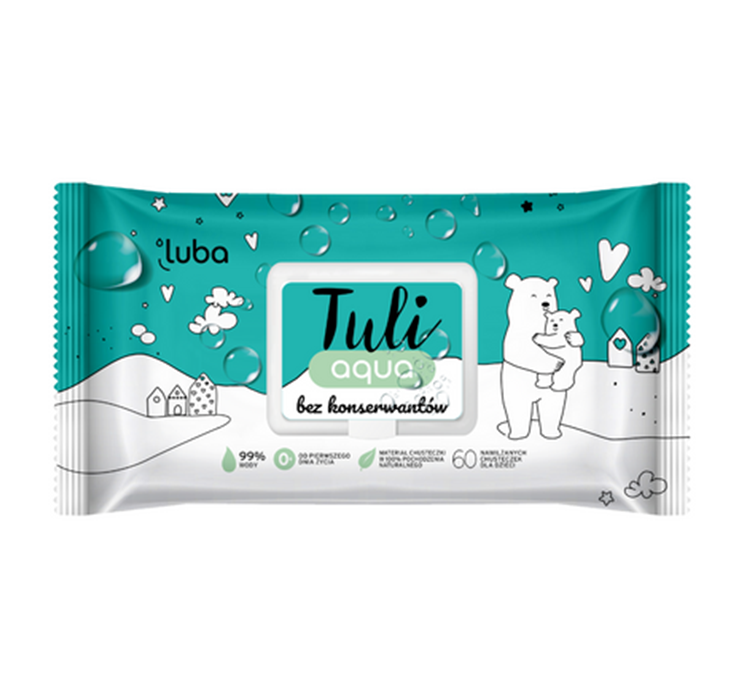 Luba, Tuli Aqua, Nawilżane chusteczki dla dzieci bez konserwantów, 60 szt.