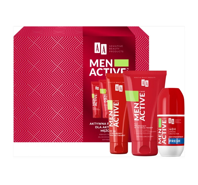 AA Men Active - zestaw (Krem outdoorowy SPF30 50ml + Żel do mycia twarzy 150ml + Antyperspirant)