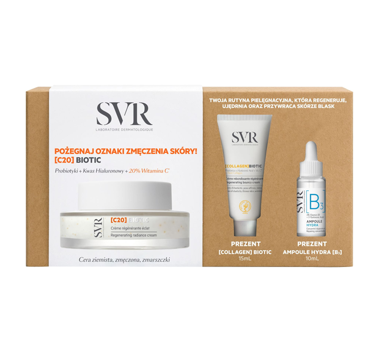 SVR BIOTIC Zestaw Regenerujący i Rozświetlający Krem Przeciwstarzeniowy - 50ml + Przeciwzmarszczkowe Serum Ujędrniające i Regenerujące - 15ml + Esencja Nawilżająca - 10ml Gratis