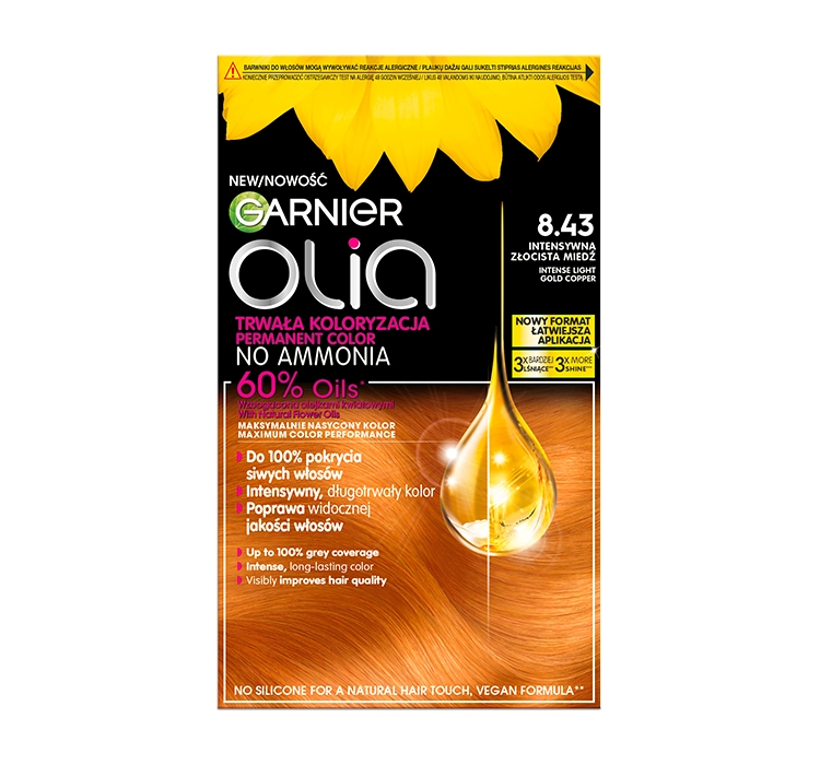 Garnier Olia trwała farba do włosów bez amoniaku 8.43 Intensywna Złocista Miedź