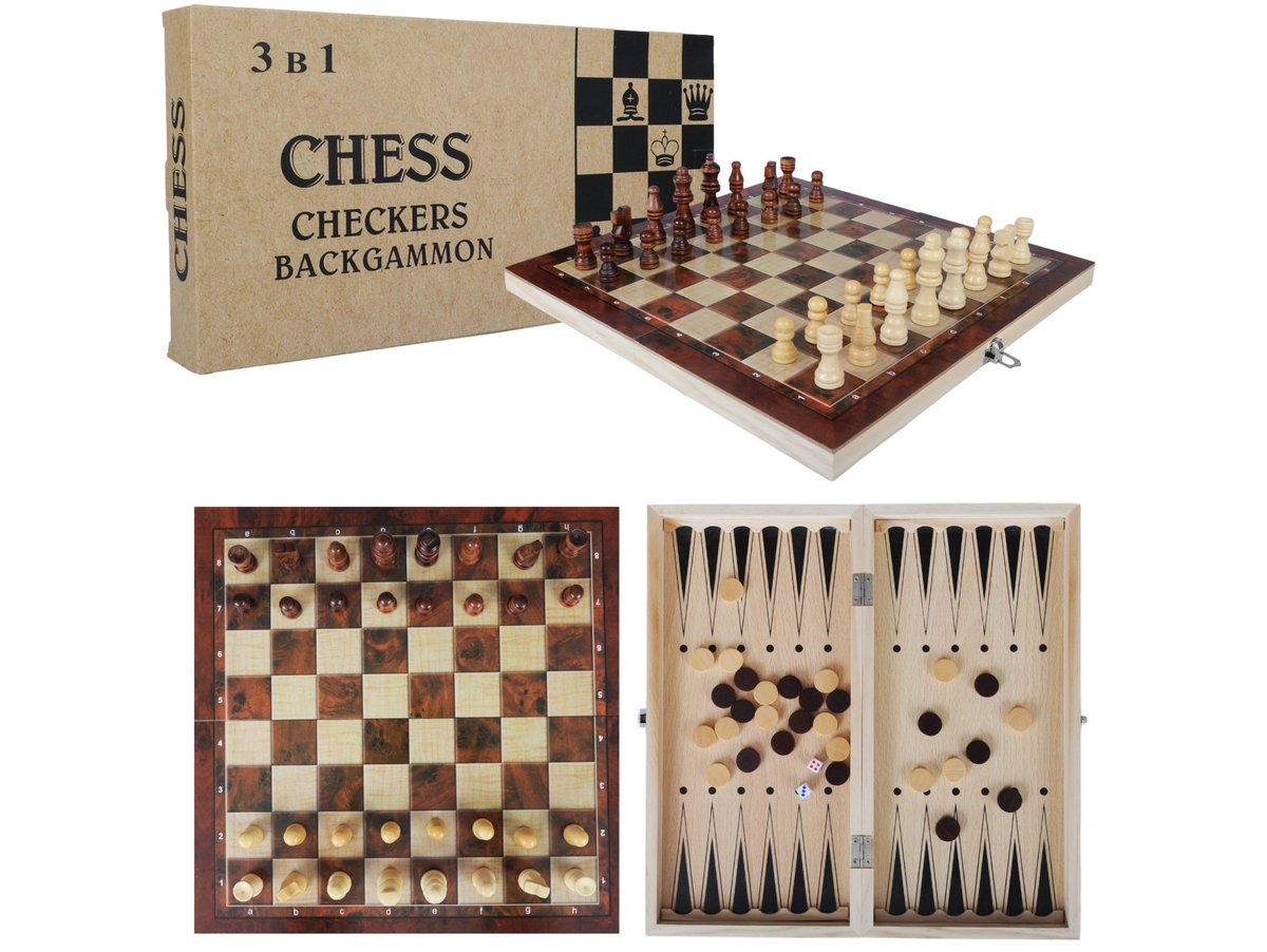 Szachy Drewniane Warcaby 34X34 Tryktrak 3W1