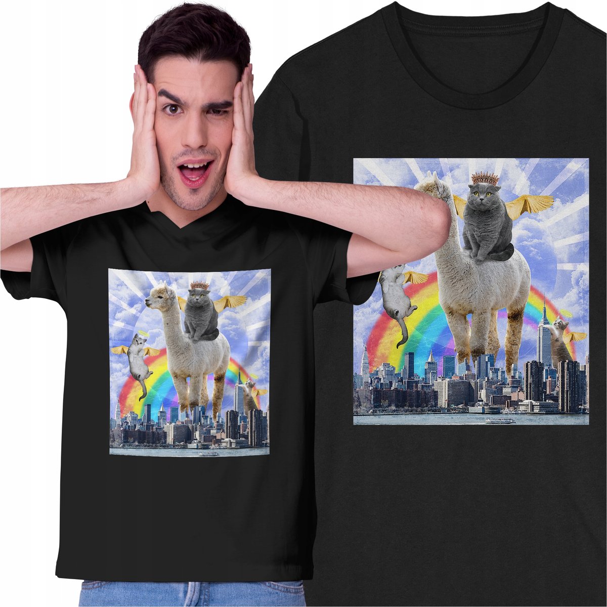 Śmieszna Koszulka z kotem Kot Lama Anioł Kotki Zwierzęta Skrzydła