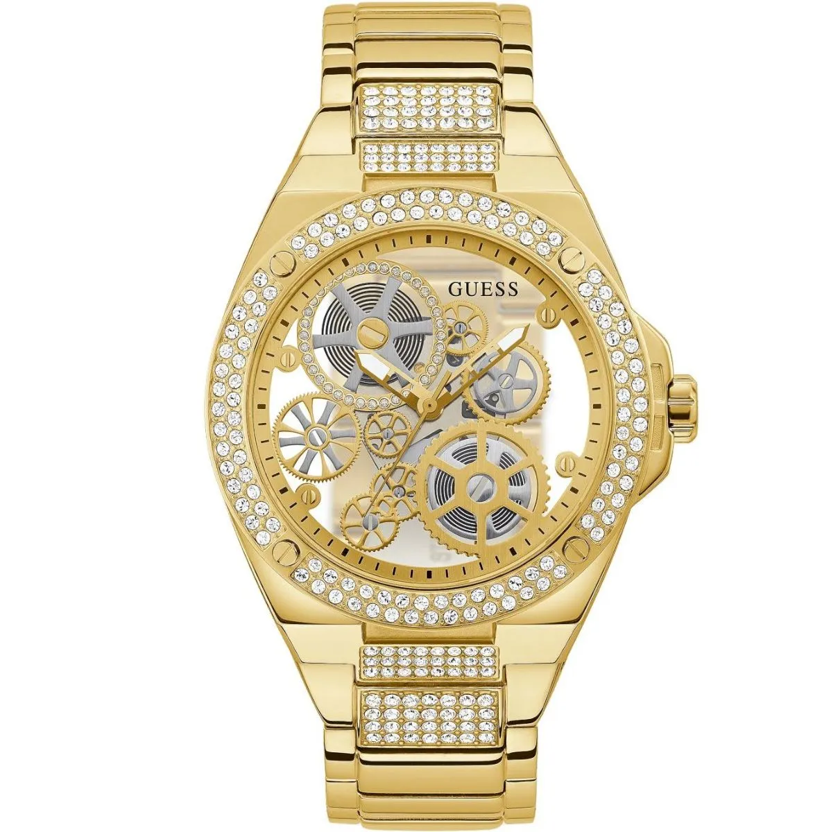 Złoty zegarek Guess Big Reveal z widocznym mechanizmem i bransoletką GW0323G2