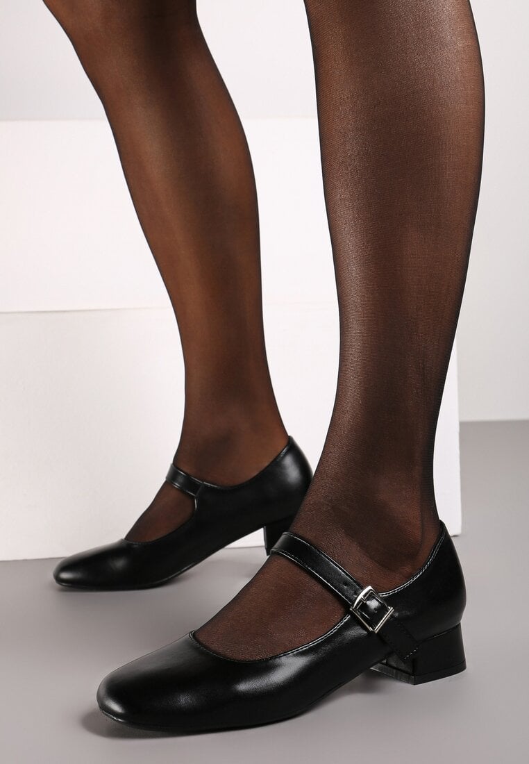 Czarne Klasyczne Czółenka Zdobione Paskiem i Sprzączką na Niskim Obcasie Vittia