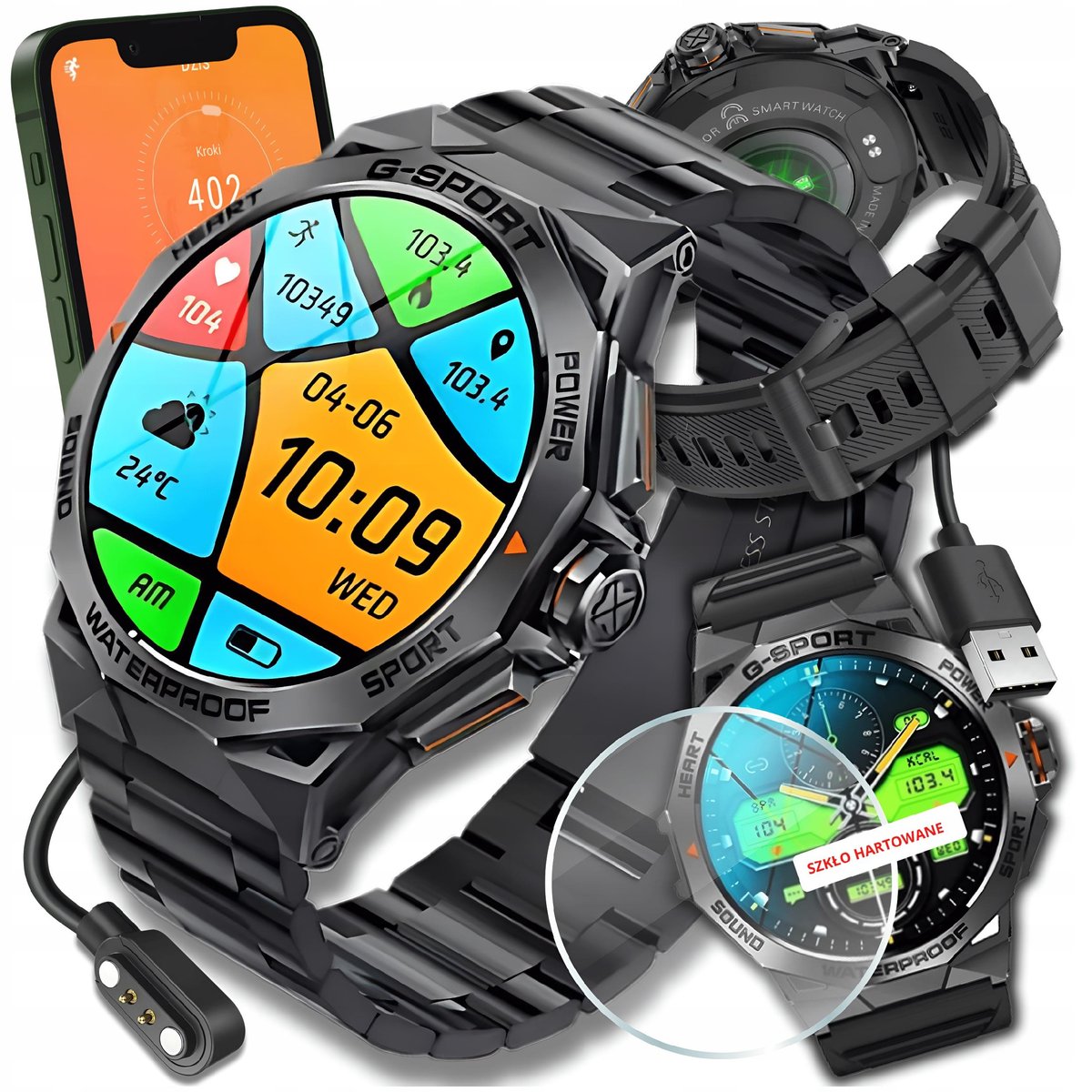 Smartwatch Męski Zegarek Rozmowy Pl Menu Tętno Puls Sen Smart Watch + Szkło