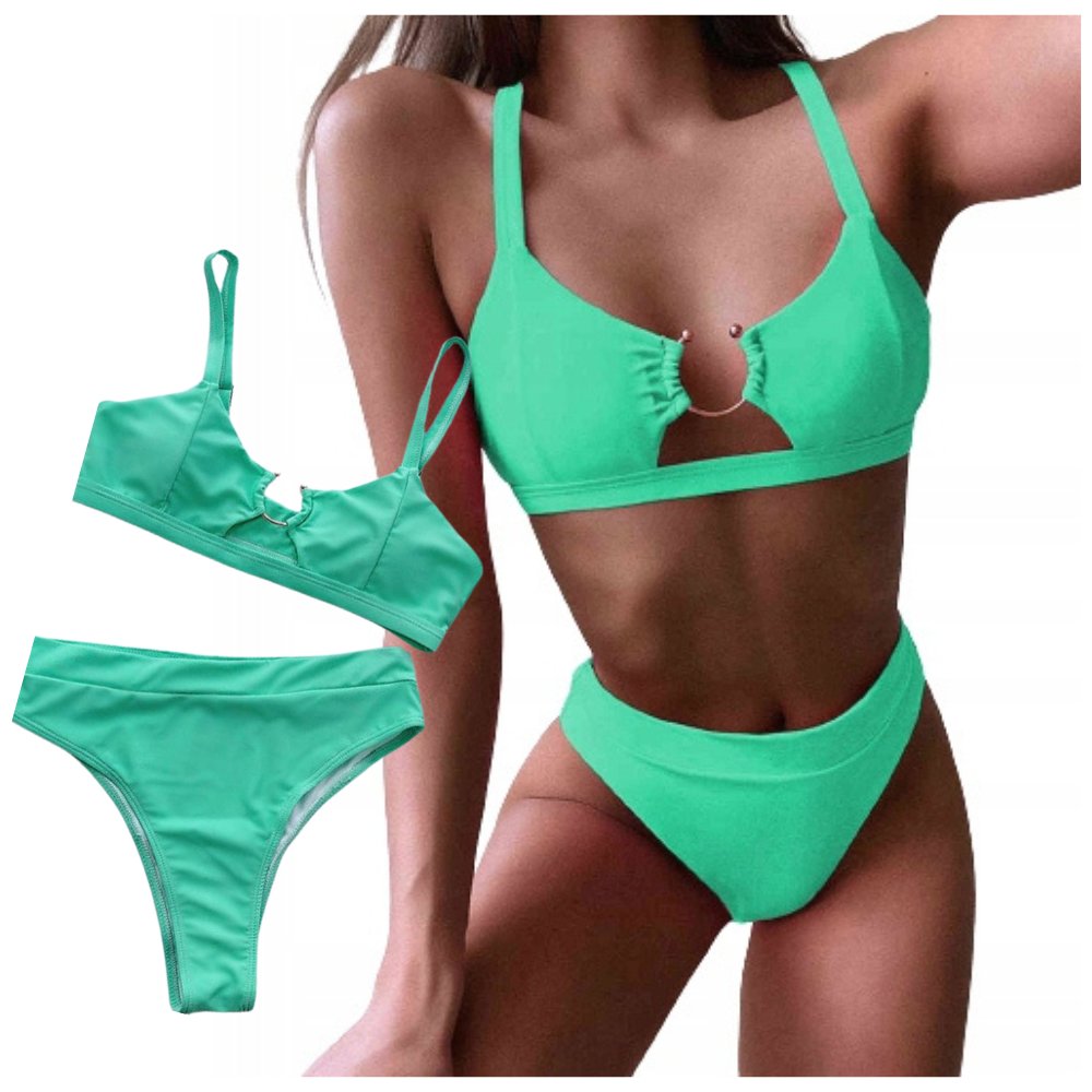 STRÓJ KĄPIELOWY DWUCZĘŚCIOWY WYSOKI STAN BIKINI ZIELONY KOSTIUM PLAŻA BASEN L