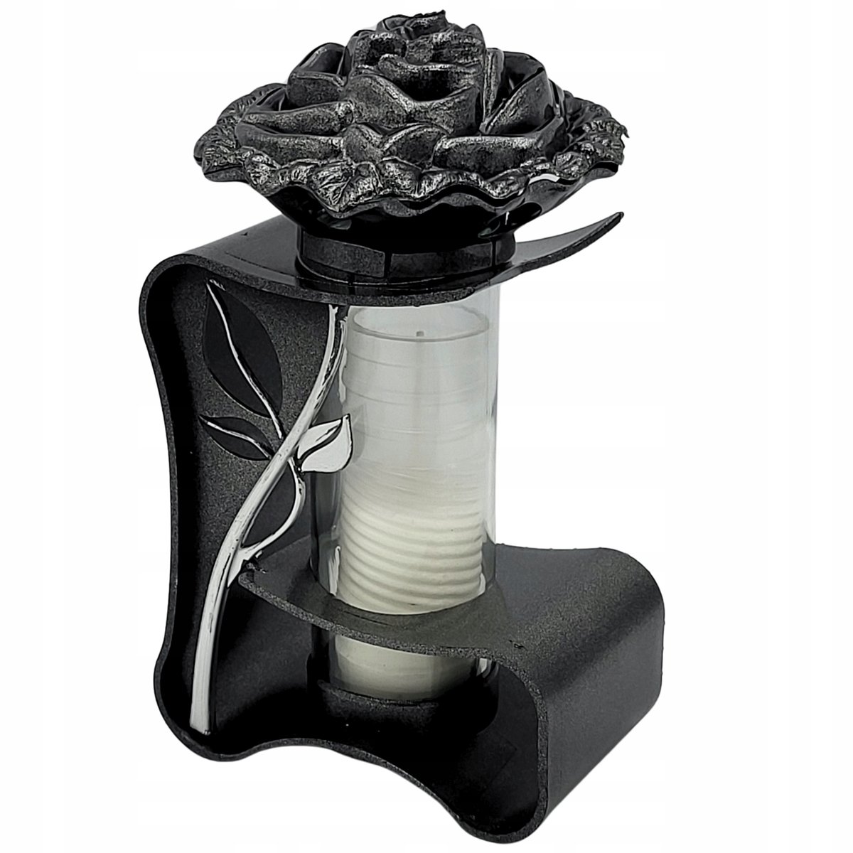 Znicz na Grób Nowoczesny Srebrny Lampion z Różą Tuba + Wkład Parafinowy