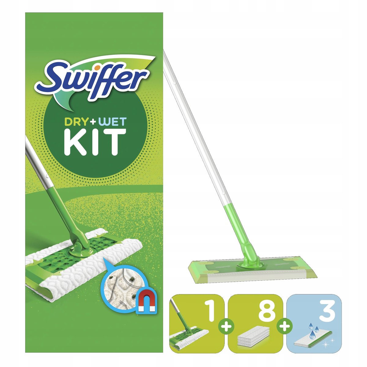 Zestaw Swiffer mop, 8 suche, 3 wilgotne chusteczki