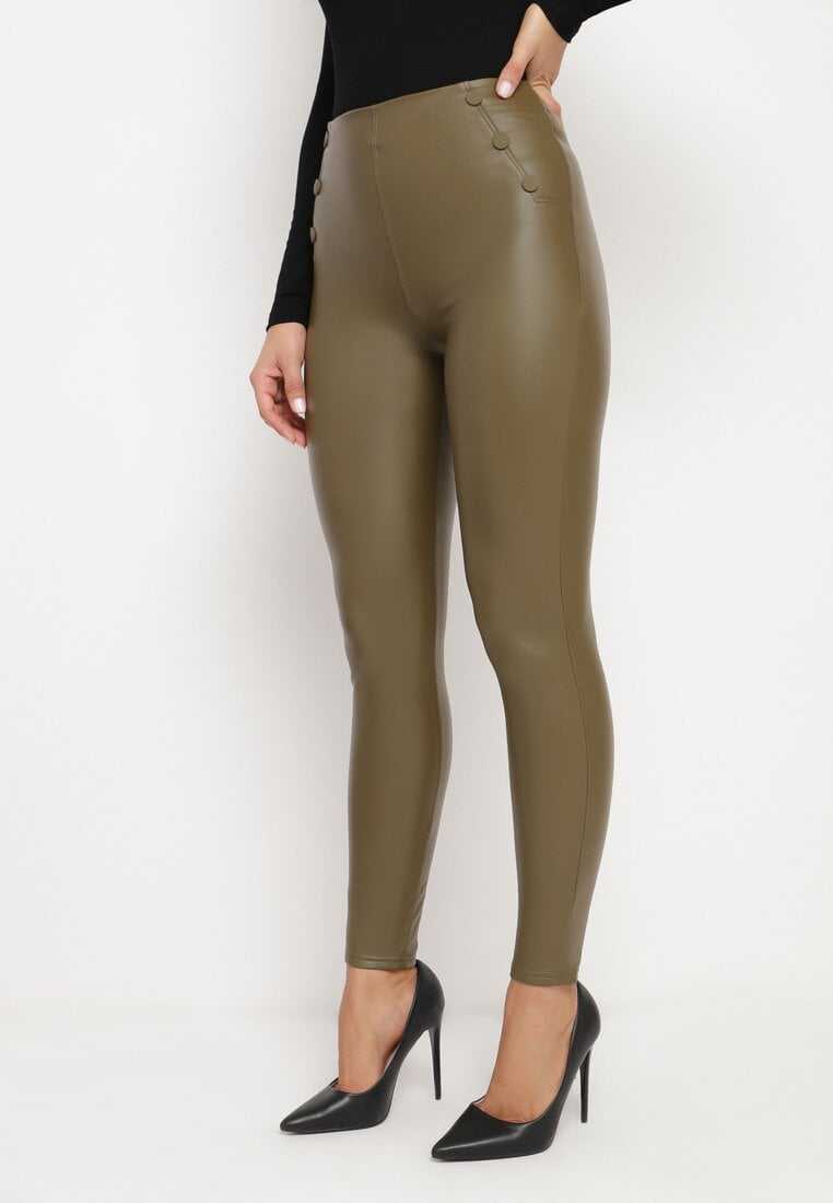 Zielone Legginsy z Ekoskóry z Guzikami Wysokim Stanem i Gumką w Talii Sintheria
