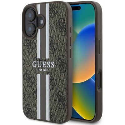 Etui GUESS 4G Printed Stripes MagSafe do Apple iPhone 16 Brązowy