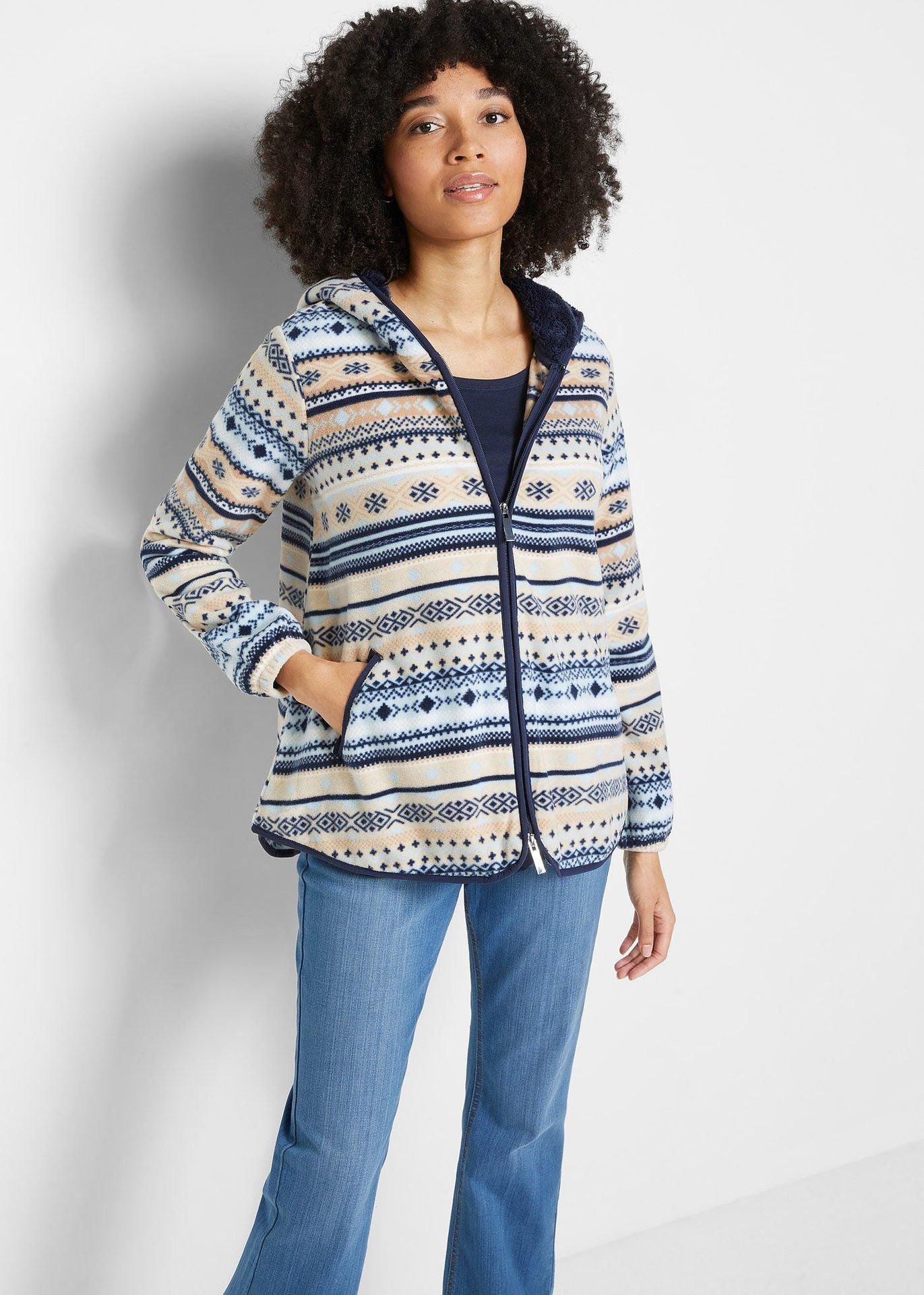 Bluza rozpinana z polaru w norweski wzór, z kapturem - bonprix