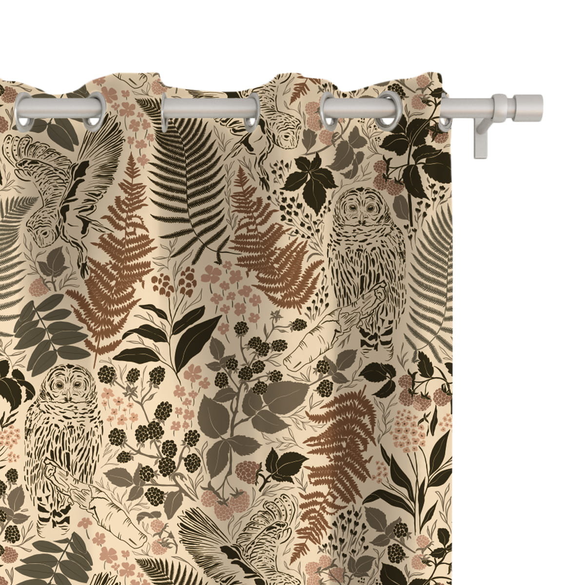 Zasłona AUTUMN wzór AT09 | sowy i leśne rośliny 150 x 160 cm tkanina zaciemniająca