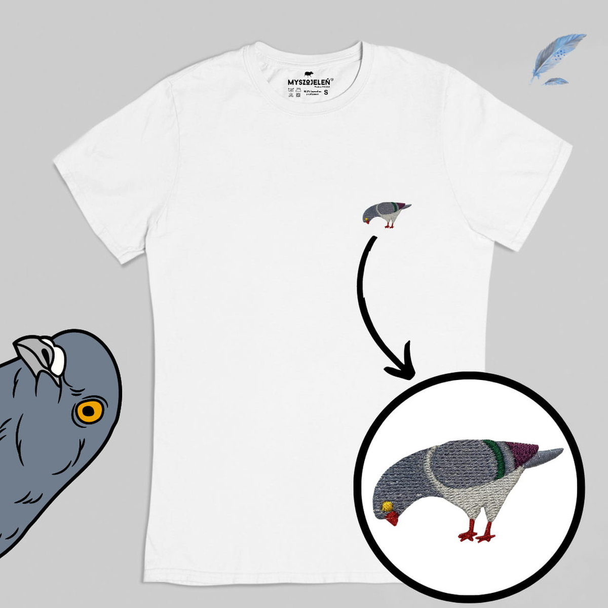 Haftowany T-shirt - GOŁĄB - biały XL