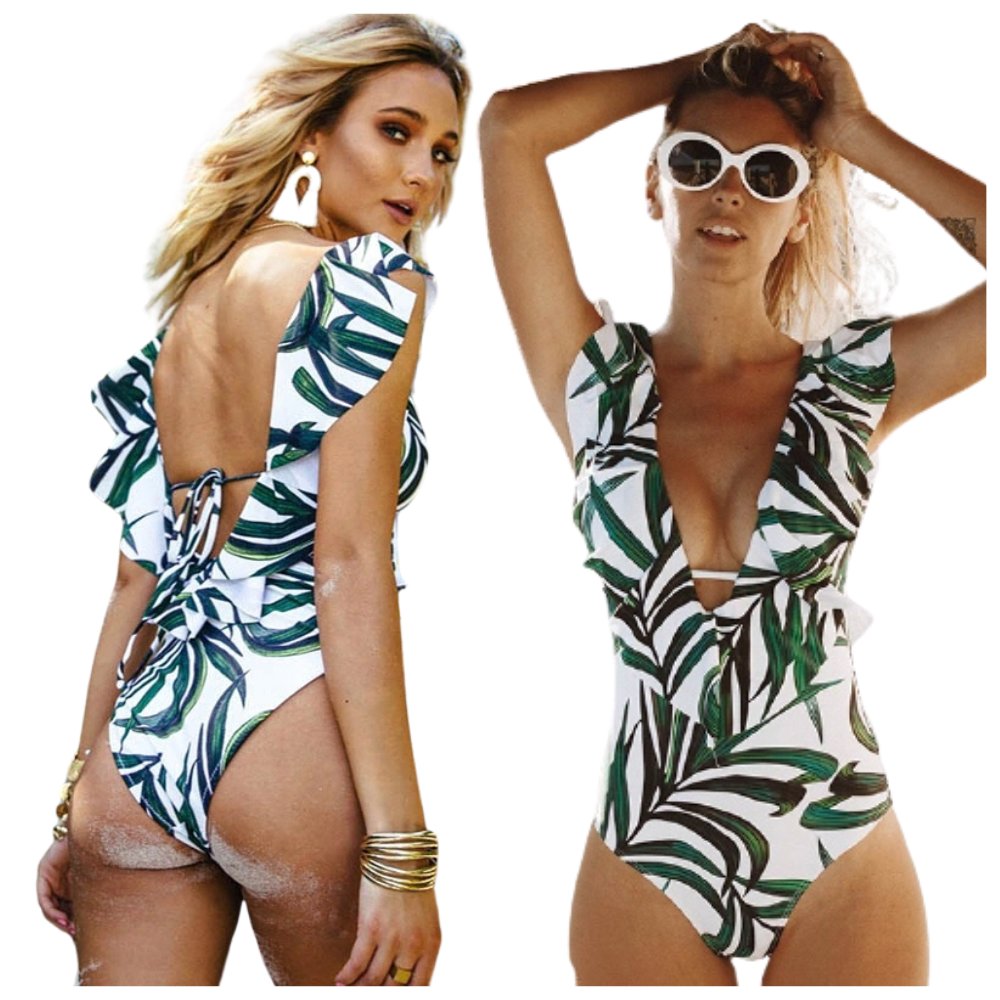 JEDNOCZĘŚCIOWY STRÓJ KĄPIELOWY MONOKINI LIŚCIE PRINT KOSTIUM NA  BASEN L