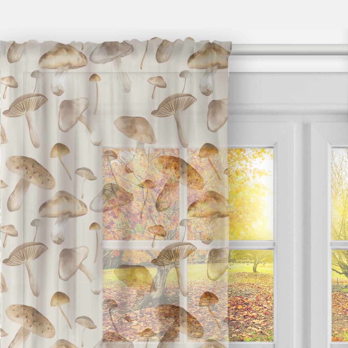 Firana AUTUMN wzór AT35 | grzyby na beżowym tle 140 x 300 cm