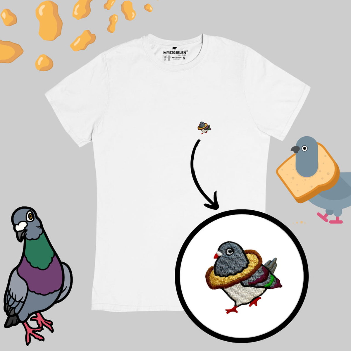 Haftowany T-shirt - GOŁĄB Z CHLEBEM - biały L