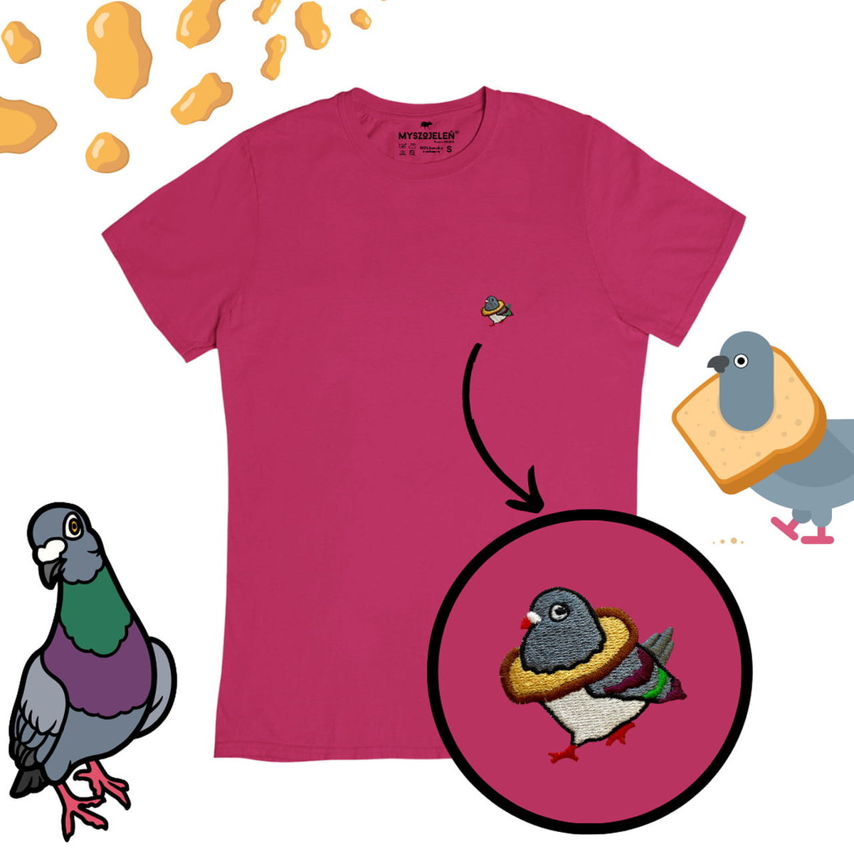 Haftowany T-shirt - GOŁĄB Z CHLEBEM - różowy XL