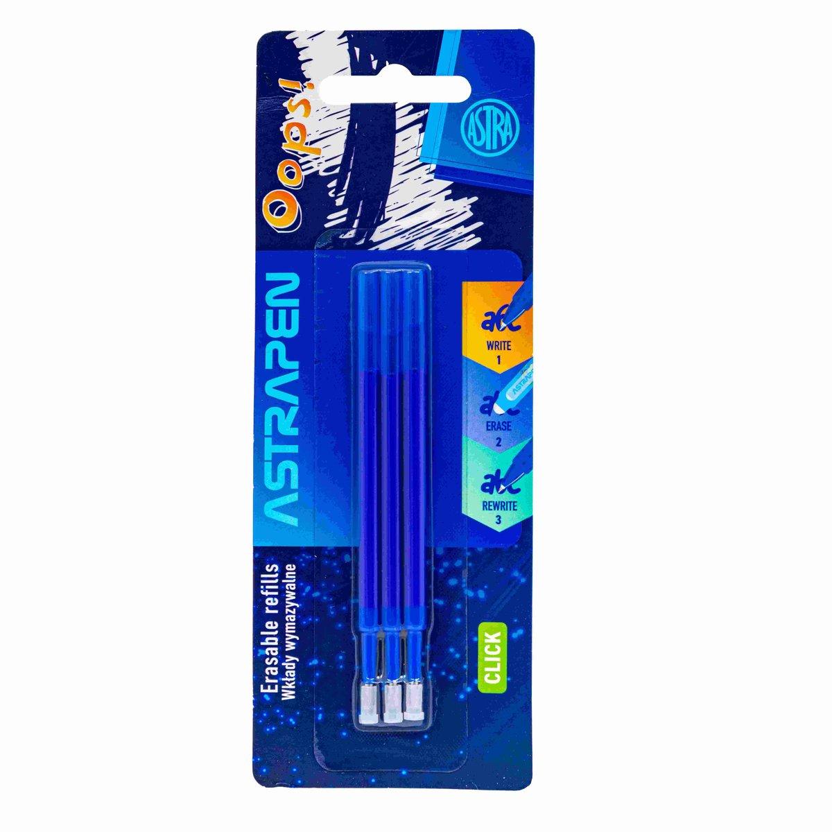 ASTRA art-pap, wkłady wymazywalne click niebieskie 0,5 mm astrapen oops  blister 3szt.