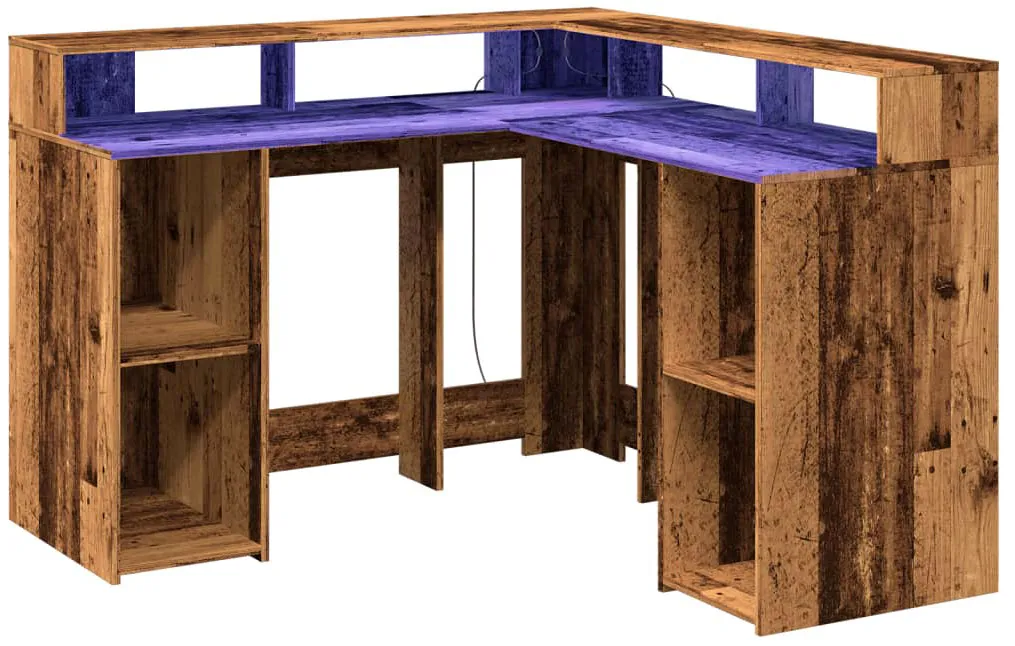 Elior Biurko komputerowe narożne z nadstawką LED stare drewno K4-C89