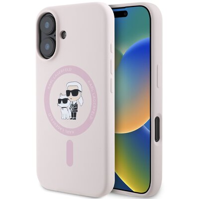 Etui KARL LAGERFELD Silicone Karl&Choupette Heads Ring MagSafe do Apple iPhone 16 Różowy