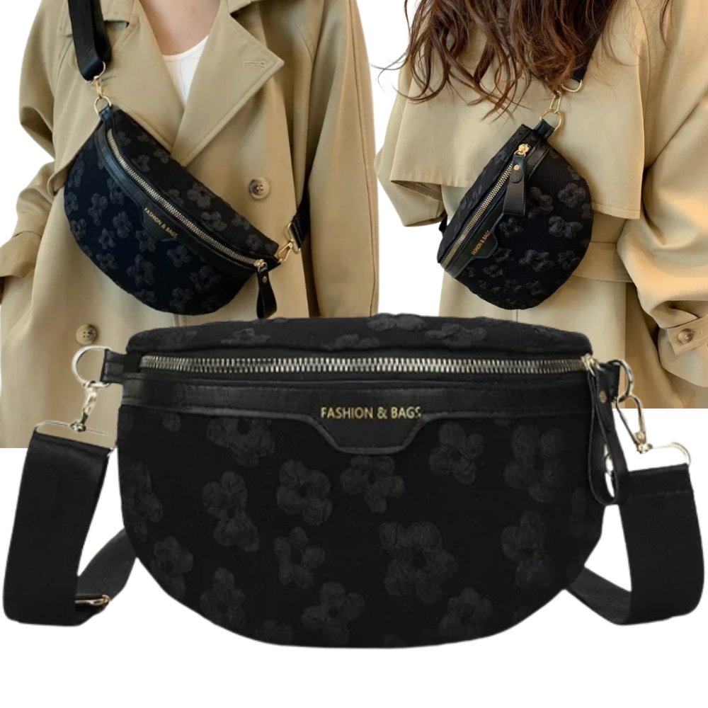 Torba Saszetka Damska Crossbody Nerka Na Ramię Pojemna Czarna Kwiatki