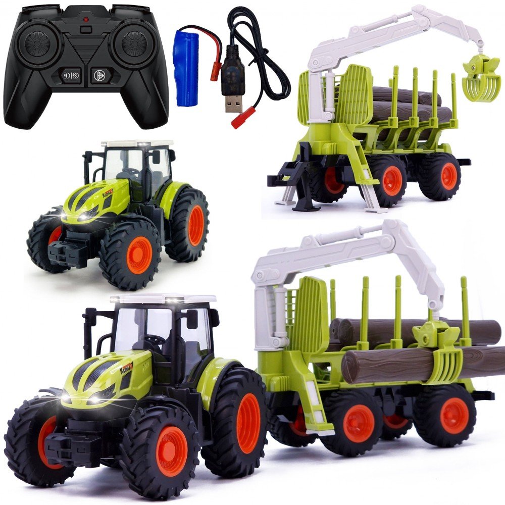 ZDALNIE STEROWANY TRAKTOR CIĄGNIK NA PILOTA RC Z PRZYCZEPĄ I ŁADOWARKĄ DO DREWNA