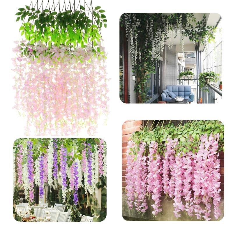 Wisteria Sztuczne Kwiaty Girlanda Glicynia Kwiaty Wiszące Dekoracja 12 szt - jasny róż