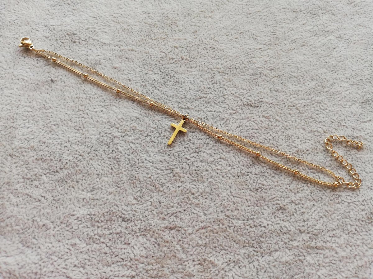 BRANSOLETKA PODWÓJNA KRZYŻ KULECZKI ZŁOTA STAL