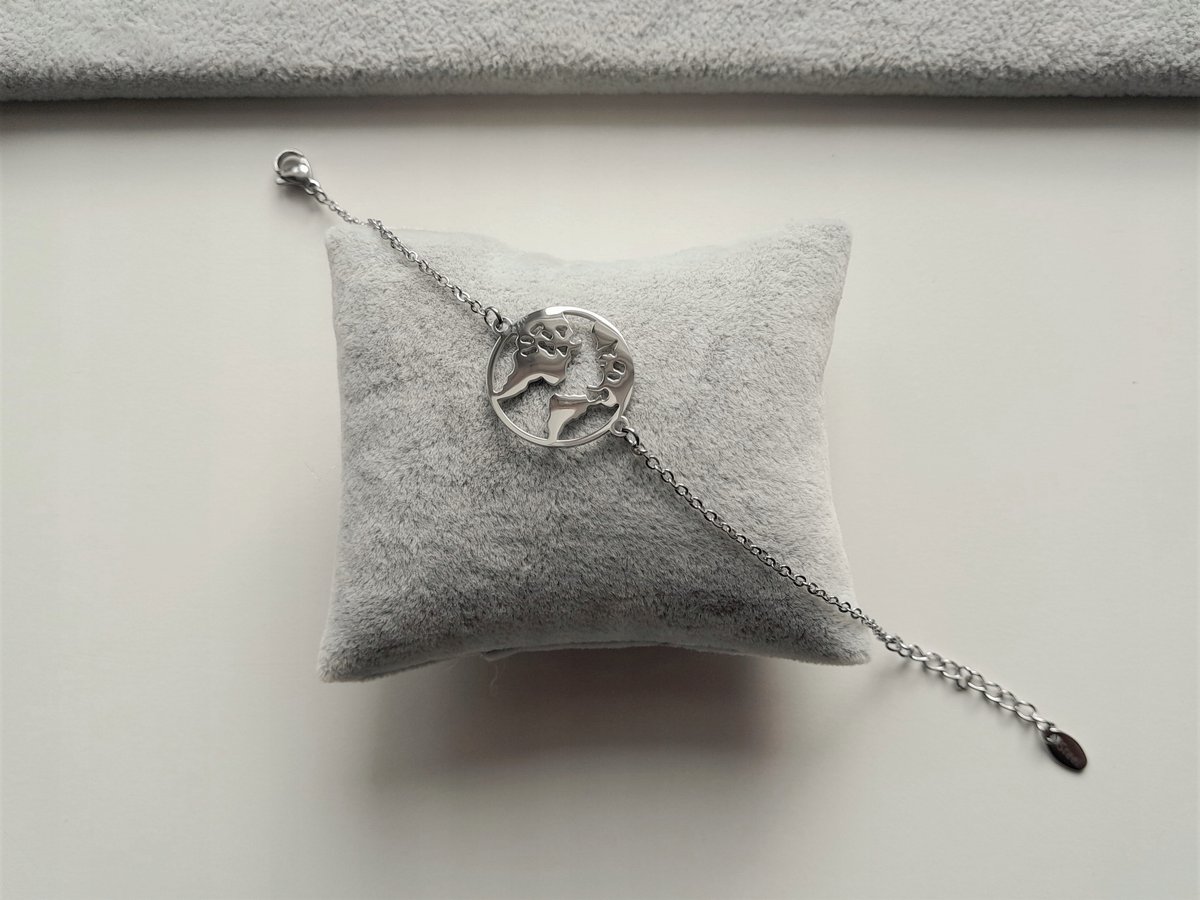 PIĘKNA BRANSOLETKA MAPA ŚWIATA GLOBUS SREBRNA STAL