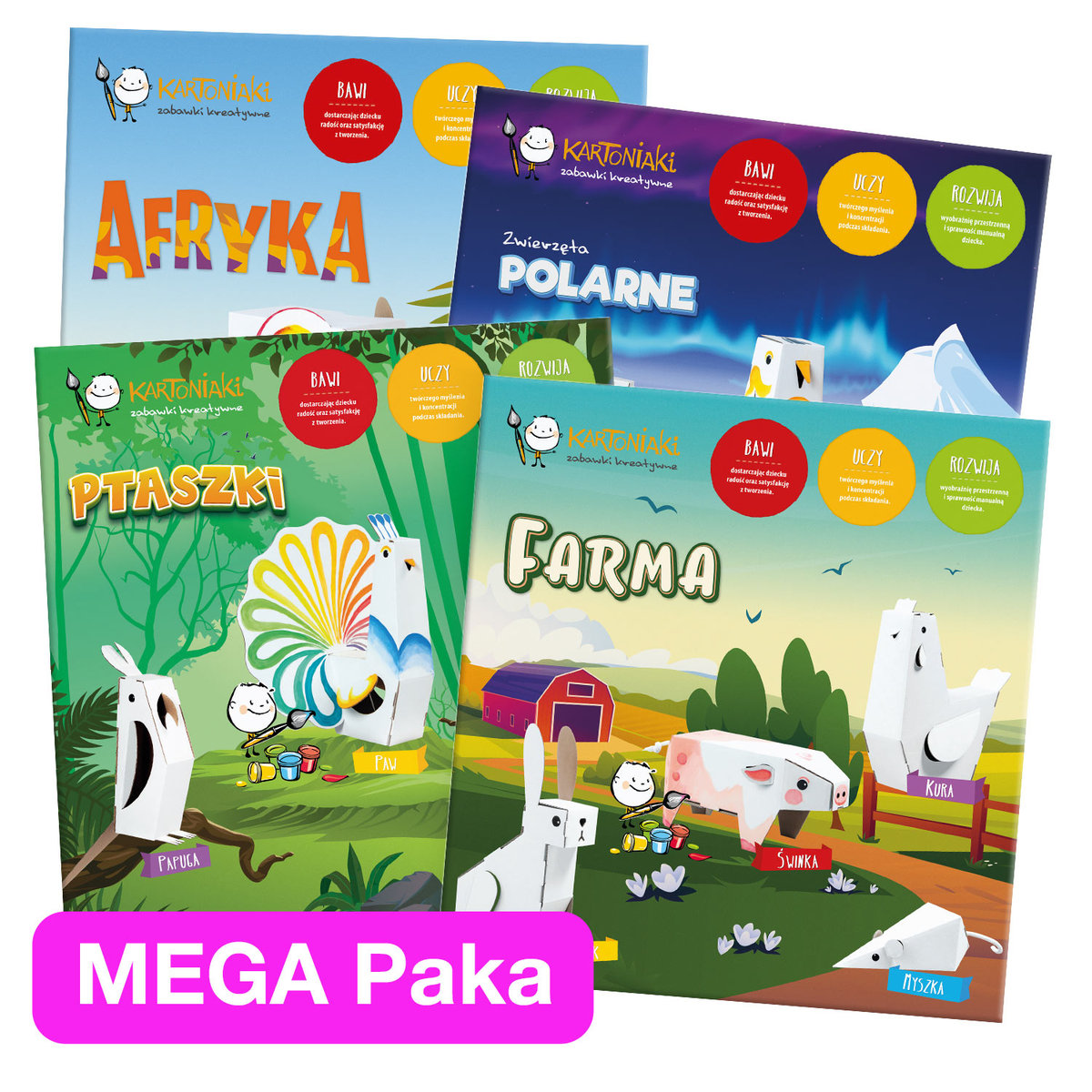 Kartoniaki - MEGA Paka 4 zestawy: Kreatywne zestawy tekturowych zwierzątek do składania i malowania