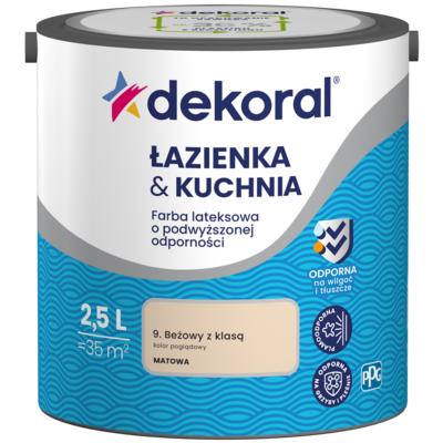 Farba lateksowa o podwyższonej odporności ŁAZIENKA KUCHNIA Beżowy z klasą 2,5 l Dekoral